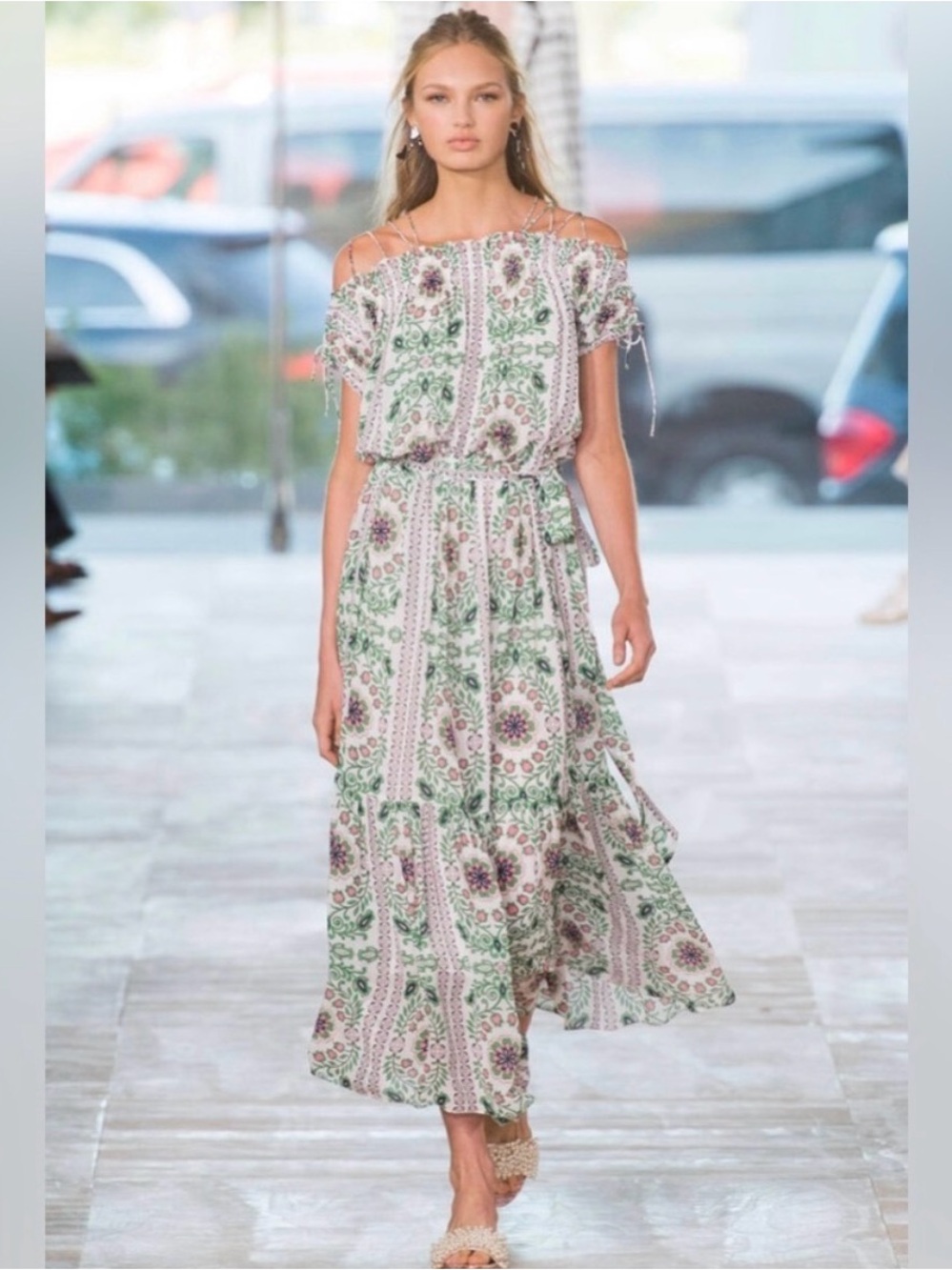 Tory Burch Off-Shoulder Grecian Silk Floral Maxi Dress